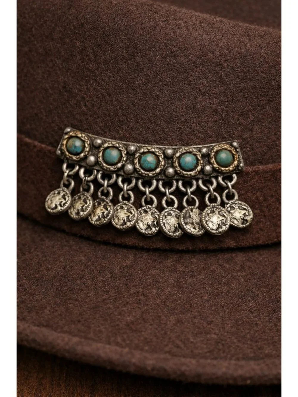 Germany Turquoise Brooch Pin Fringe Coins Silver Celtic Ethnic Hat Scarf Lapel